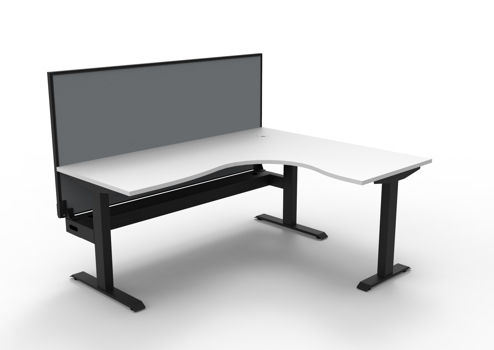 Rapidline Boost Static Corner Workstation – 1800×1500mm, Natural White Top, Black Satin Frame, Cable Tray & Grey Privacy Screen