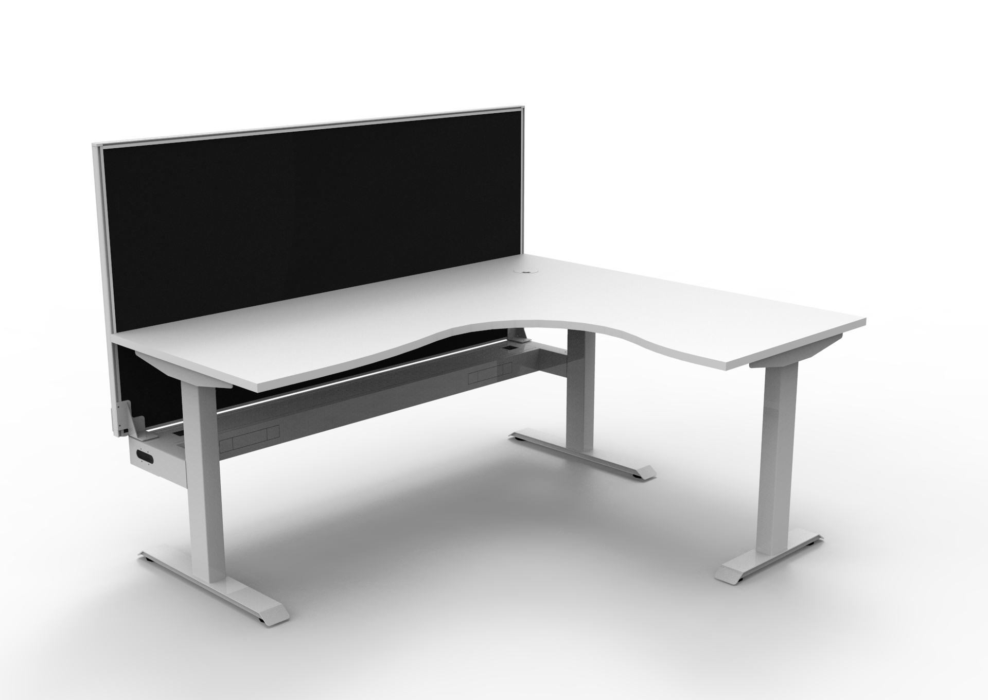 Rapidline Boost Static Corner Workstation – 1800×1500mm, Natural White Top, White Satin Frame, Cable Tray & Black Privacy Screen