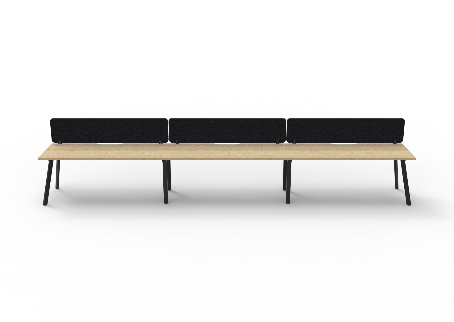Rapidline Eternity Pod of 3 Single Sided Workstation | 1500mm W x 750mm D | Natural Oak Top, Black Satin Base, Black Screen