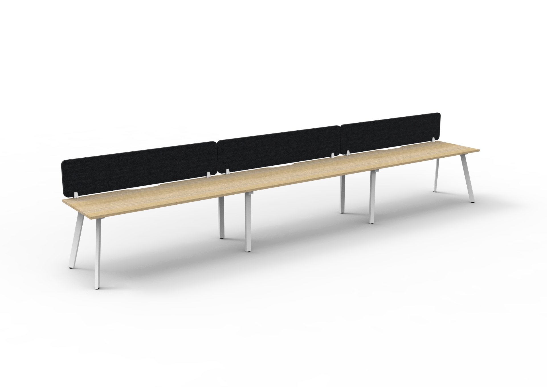 Rapidline Eternity Single Sided Workstation – Pod of 3 | 1500mm x 750mm | Natural Oak Top, White Satin Base, Black Screen