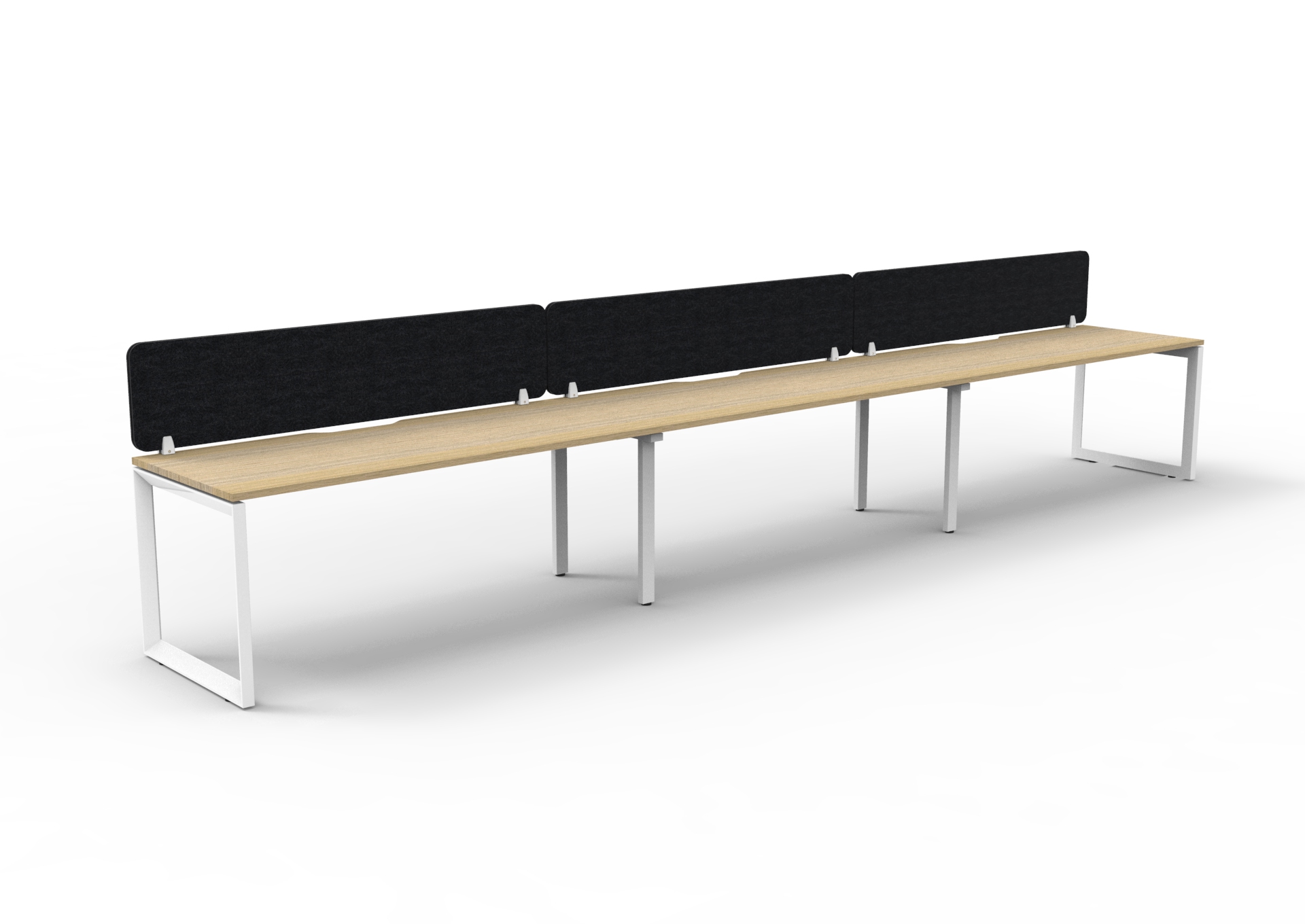 Rapidline Infinity Single Sided Loop Leg Workstation – POD of 3 | 1500 x 750mm | Natural Oak Top, White Satin Base, Black Screen