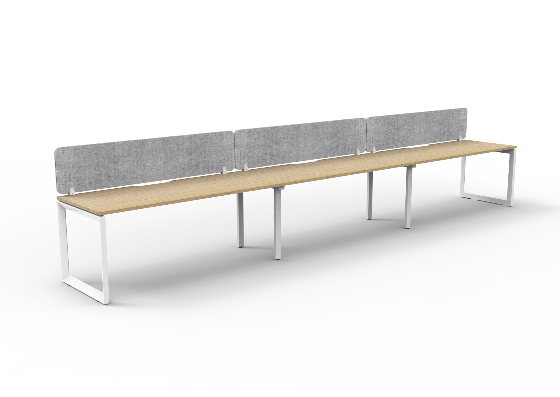 Rapidline Infinity Single Sided Loop Leg Workstation – POD of 3 | 1500 x 750mm | Natural Oak Top, White Satin Base, Marble Grey Screen