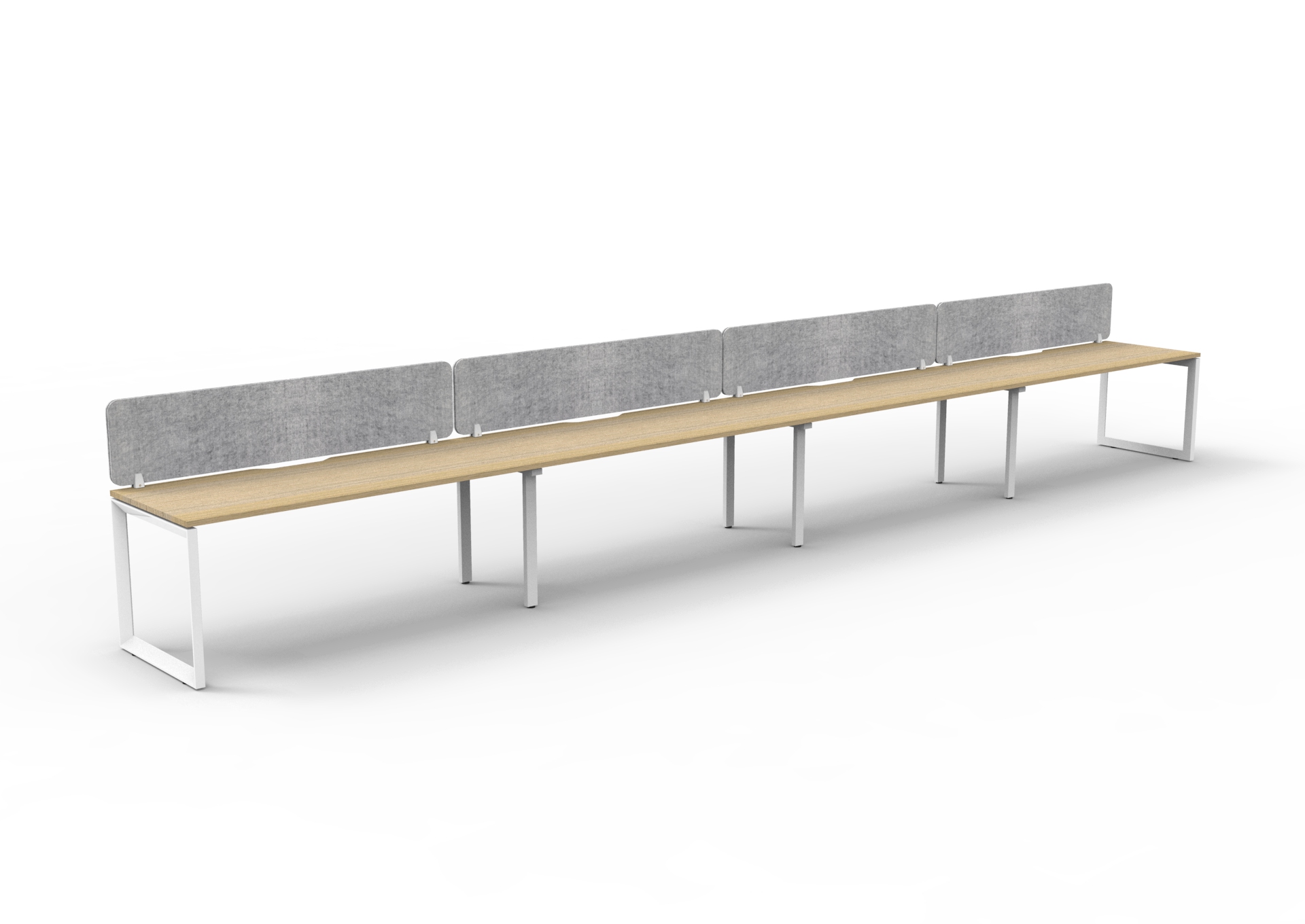 Rapidline Infinity POD of 4 Single Sided Loop Leg Workstation – Natural Oak Top, White Satin Base, Marble Grey PET Screen