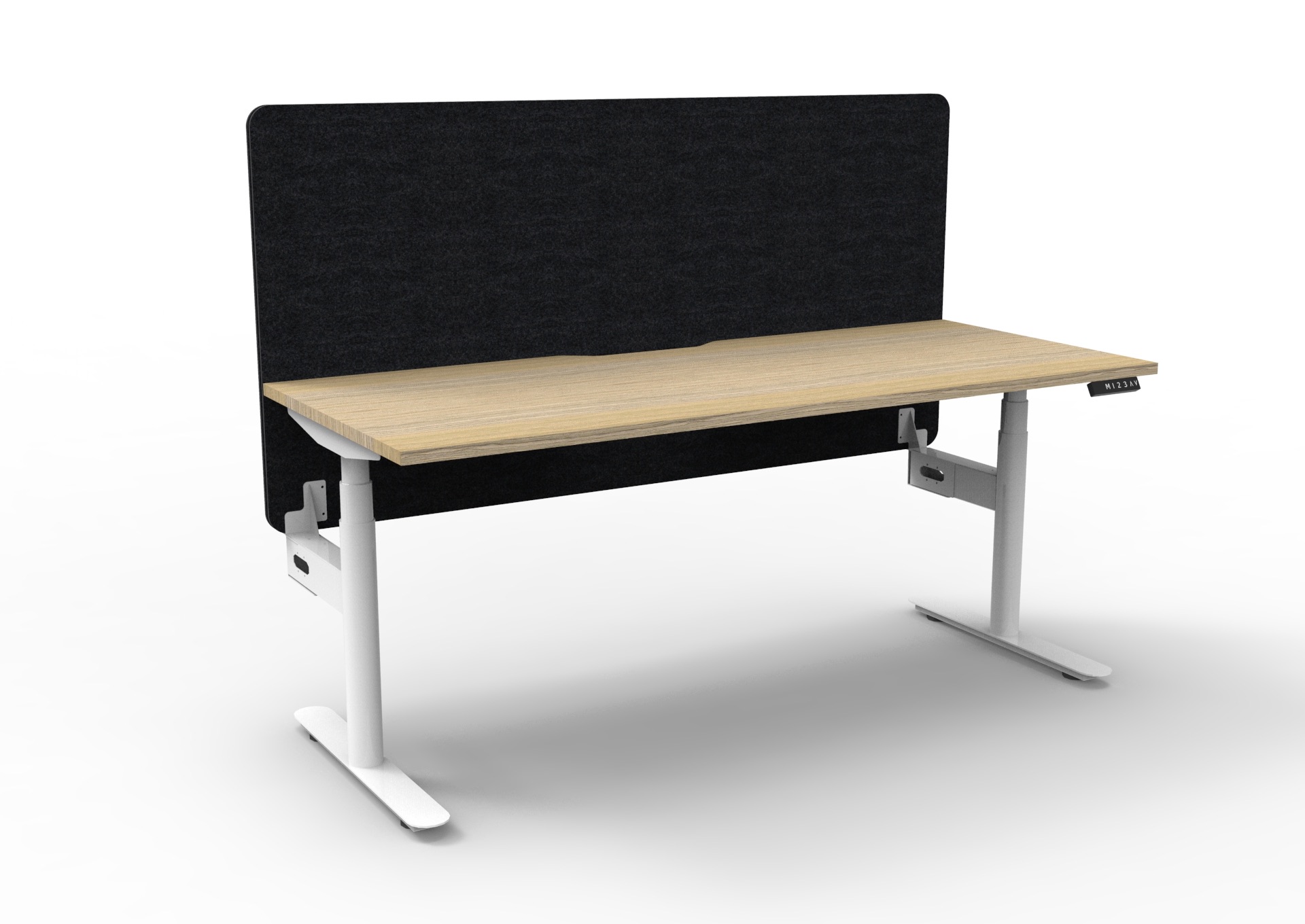 Rapidline Halo+ Height Adjustable Desk 1200x750mm – Natural Oak Top, White Satin Frame, Black Eco Panel Screen