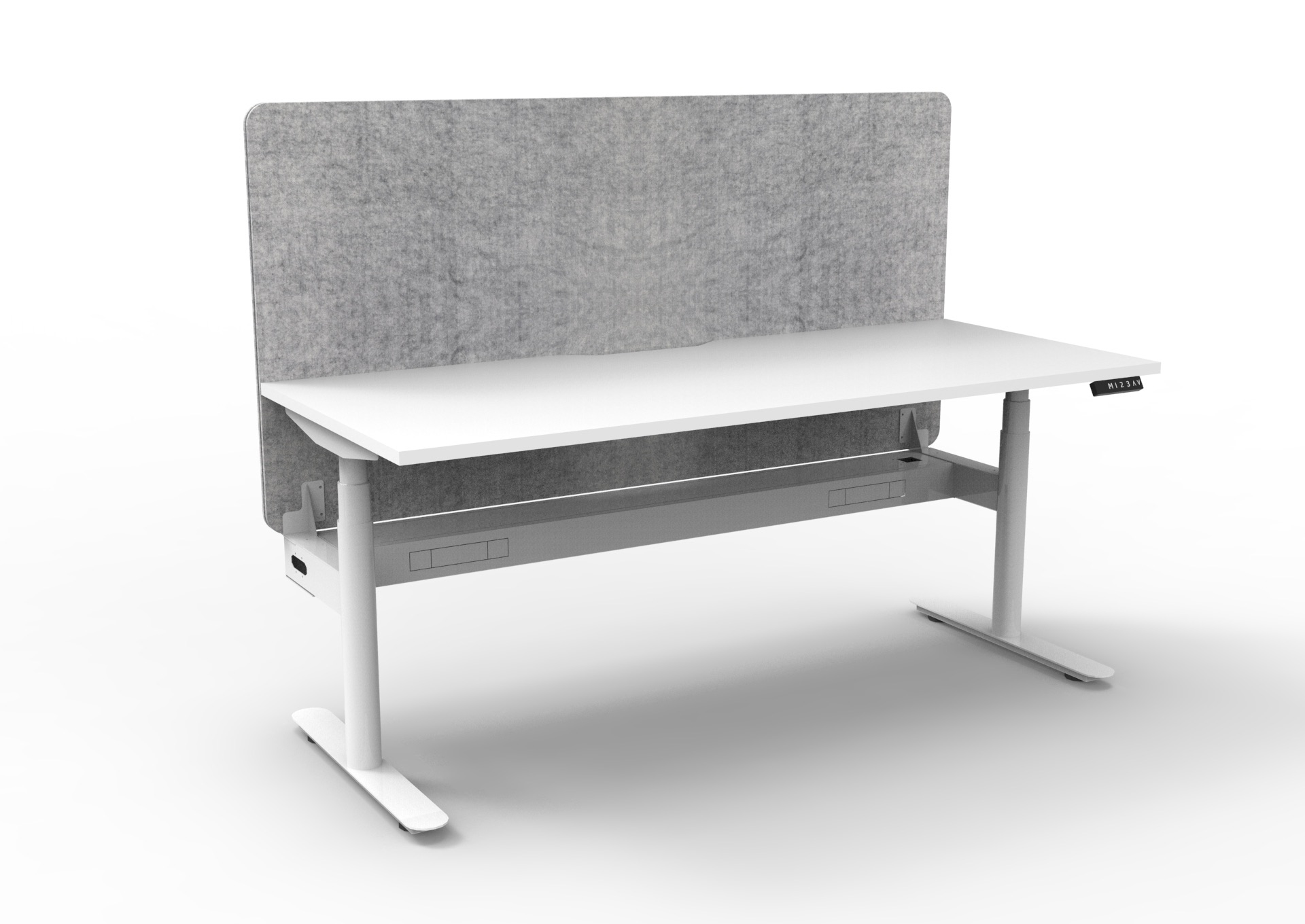 RAPIDLINE Halo+ Sit-Stand Desk 1200×750mm | Natural White Top, White Satin Frame, Marble Grey Privacy Screen